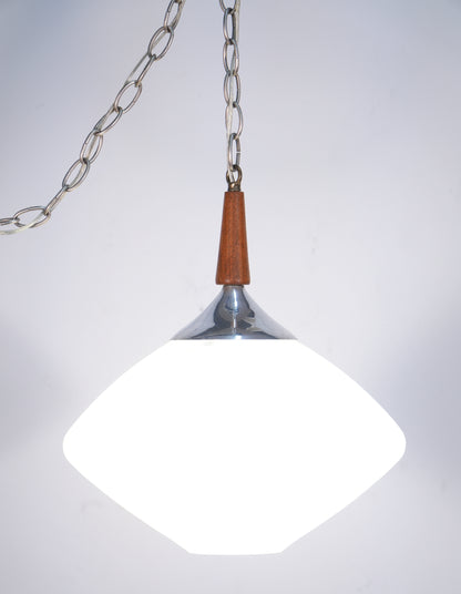 Vintage Mid-Century Danish Modern Frosted Glass Walnut Aluminum Hanging Swag Pendant Lamp Chandelier