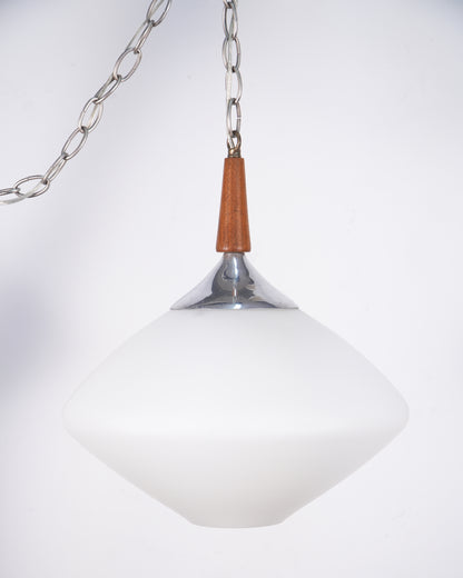 Vintage Mid-Century Danish Modern Frosted Glass Walnut Aluminum Hanging Swag Pendant Lamp Chandelier