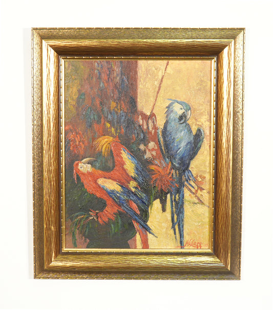 Vintage 1937 Harry Leonard Lopp Framed Oil on Board Painting Parrots Signed & Dated