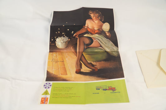 Elvgren 1950s Holiday 5 Pin-ups Foldout Greeting Card "Facts & Figures" for Aeroliner Spokane WA Brown & Bigelow