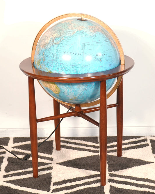 Replogle Floor Globe on Walnut Stand Base Illuminated Mid Century Modern