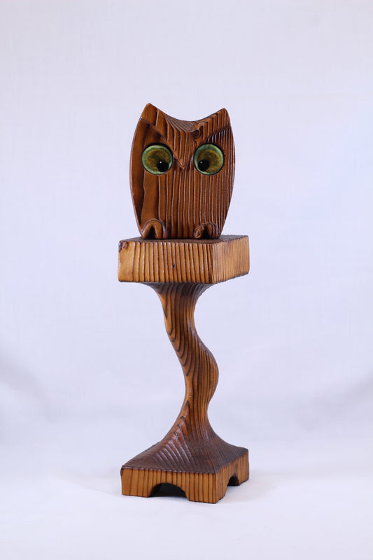 Witco Owl w/ Perch or Stand- Vintage Tiki Burnt Wood Big Eyed Cryptomeria