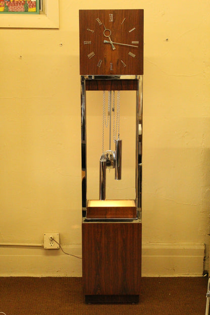 Mid-Century Rosewood & Chrome Grandfather Clock