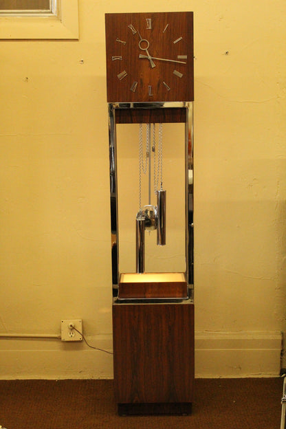 Mid-Century Rosewood & Chrome Grandfather Clock