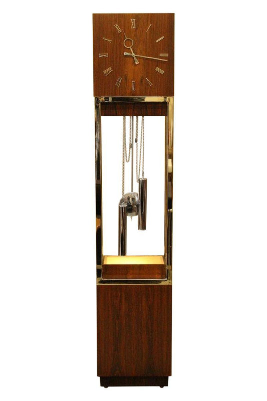 Mid-Century Rosewood & Chrome Grandfather Clock